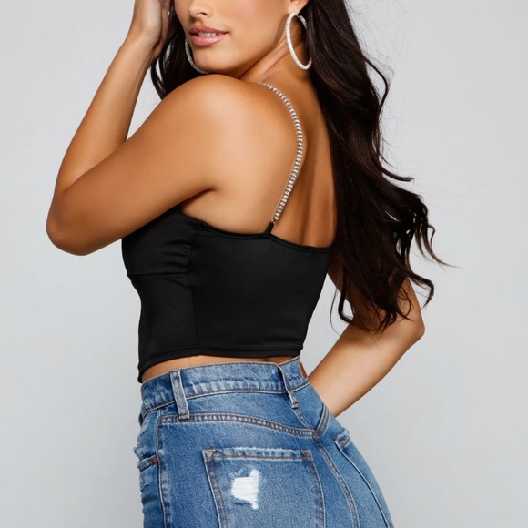 Windsor Gleam And Glow Rhinestone Bustier Top Women’s Small Black Cropped Satin - Picture 2 of 12